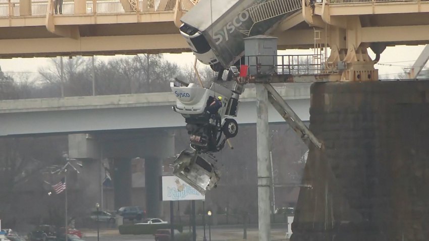 The scene on the George Rogers Clark Memorial Bridge after a three-vehicle crash on March 1, 2024.